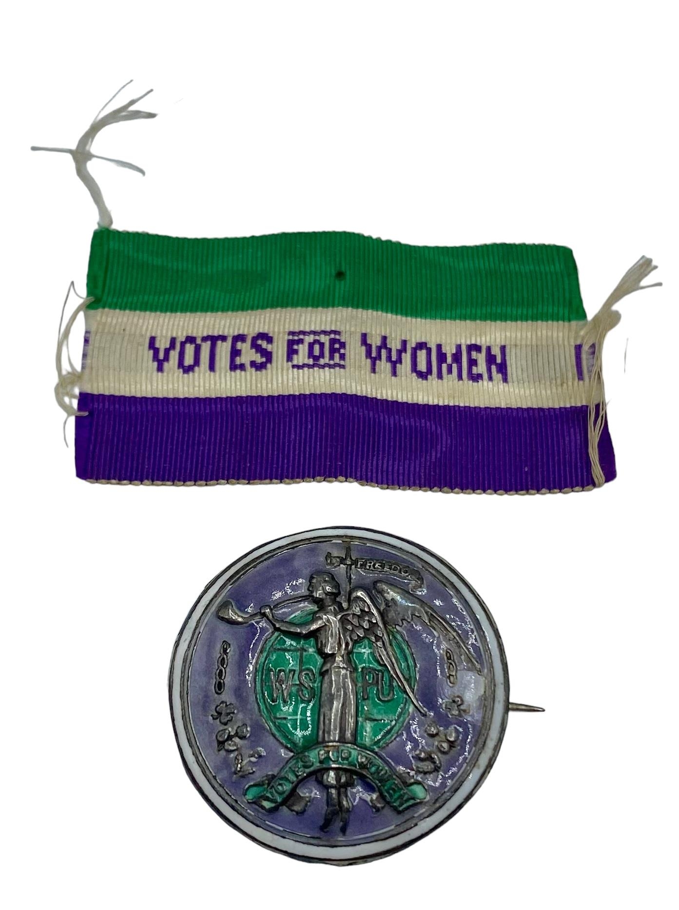 A rare suffragette 'Angel of Freedom' brooch. Circular sterling silver, green and purple enamel - Image 7 of 7
