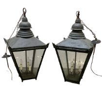 A pair of French copper grey hanging hall lanterns, with glass panels , approx 86cm H