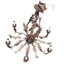 A contemporary decorative light metal six branch chandelier, with ornate leaf decoration and finial,