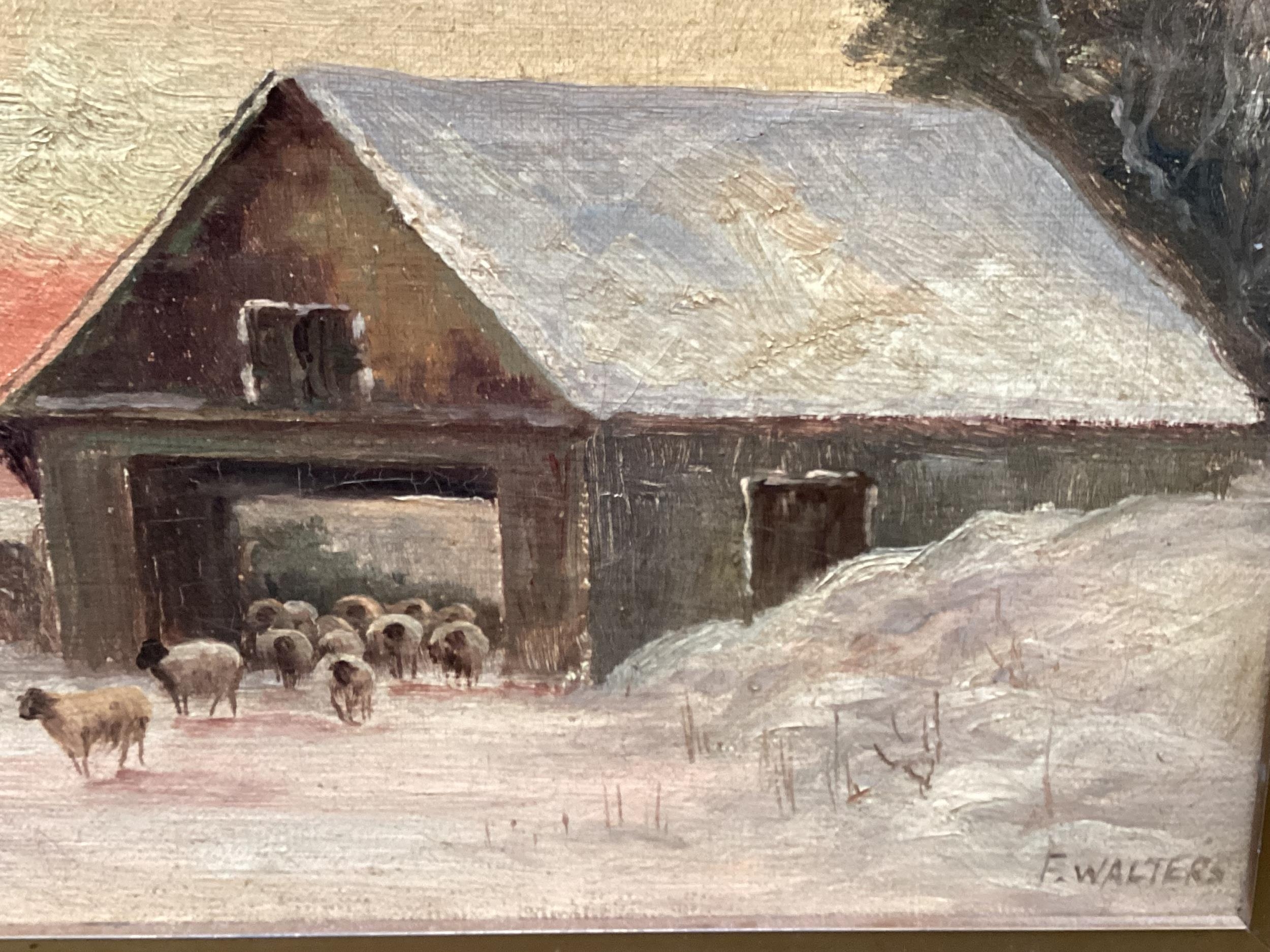A pair of oil on canvas, Sheep in snowy landscape, signed lower left F. Walters, note verso - Image 6 of 9