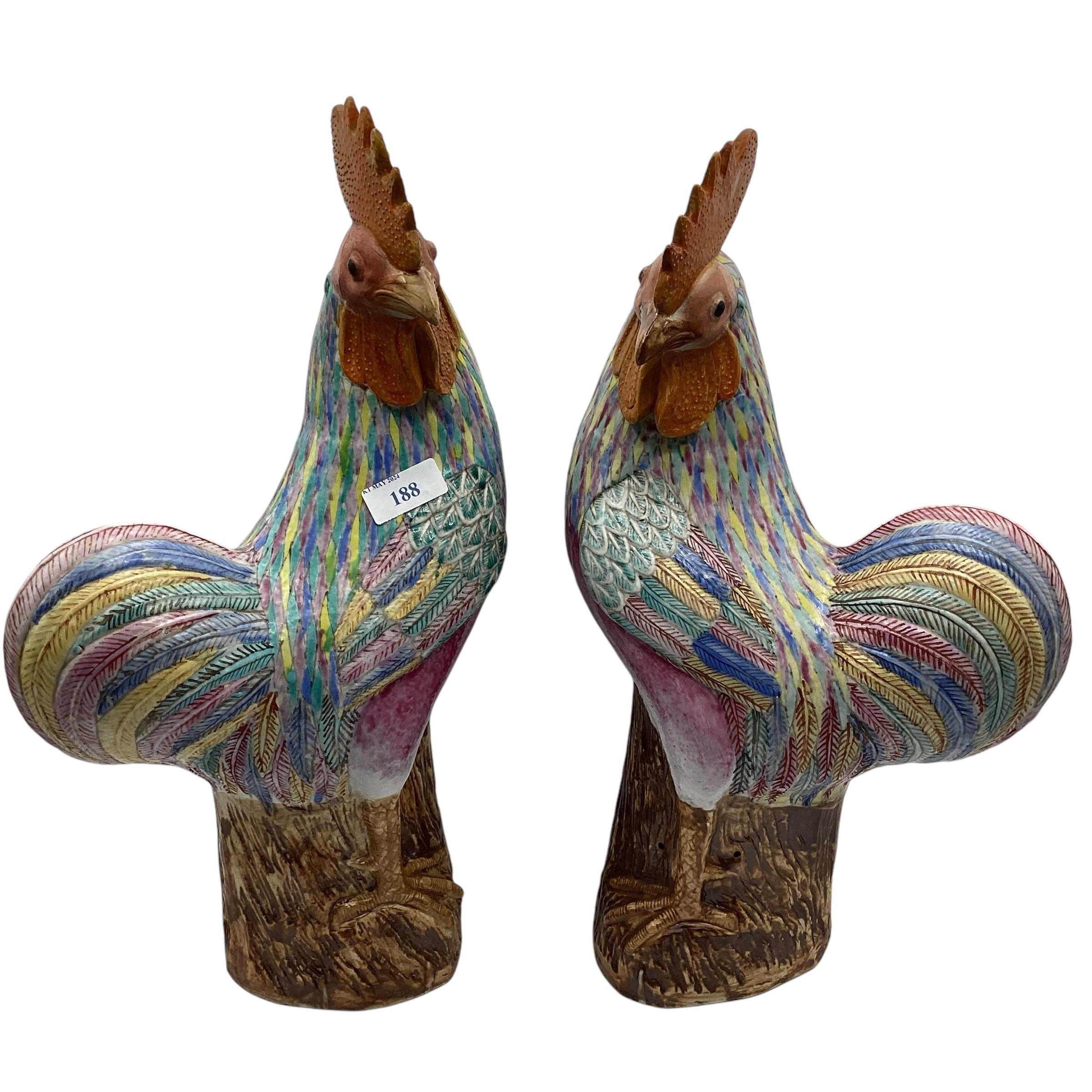A pair of Oriental porcelain roosters with over glazed enamel feather decoration. Late Ching - Image 2 of 10