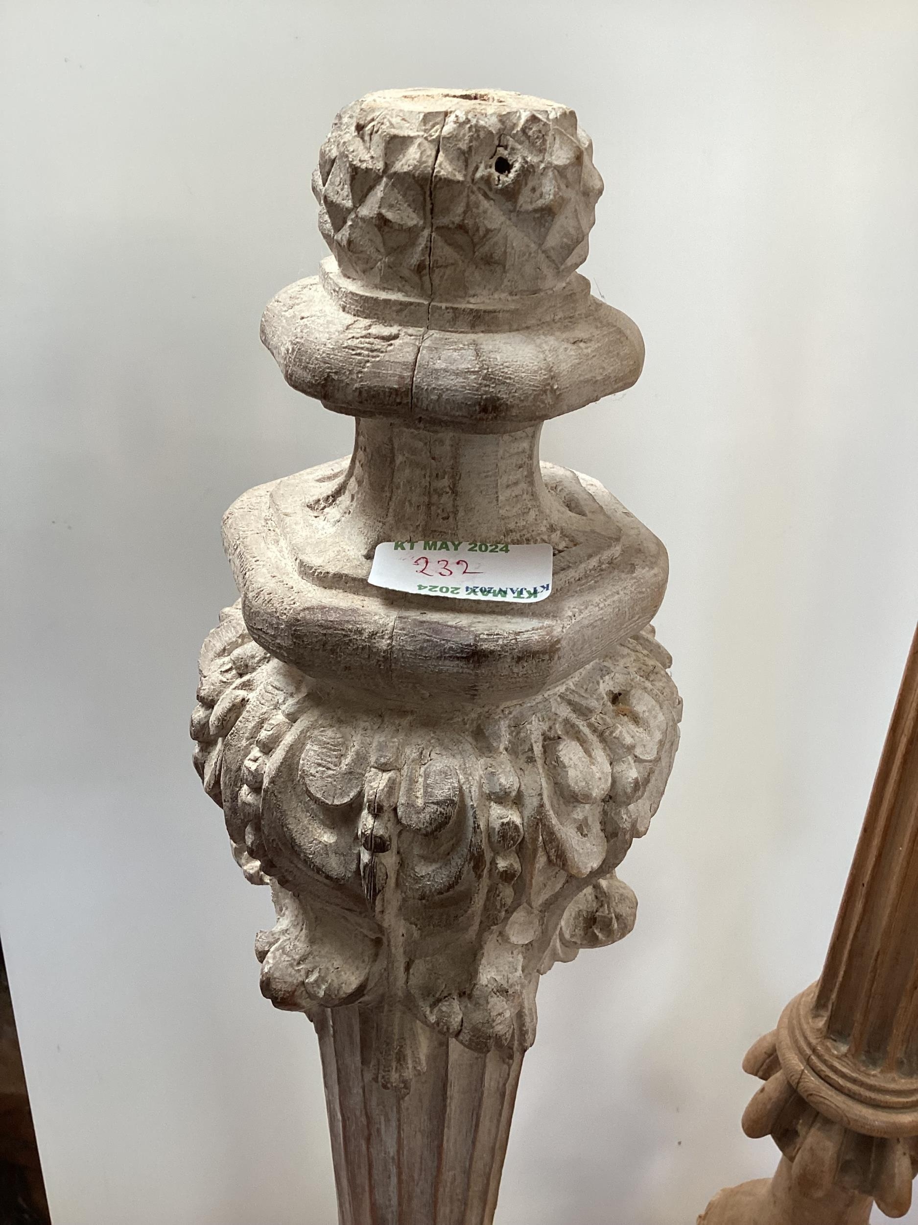 A carved wooden column table lamp on stepped base, 73cm H, and a carved wooden column 63cm H; Fawley - Image 2 of 4