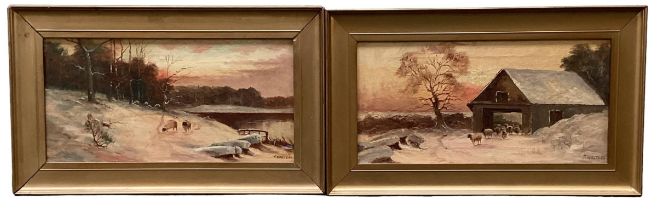 A pair of oil on canvas, Sheep in snowy landscape, signed lower left F. Walters, note verso