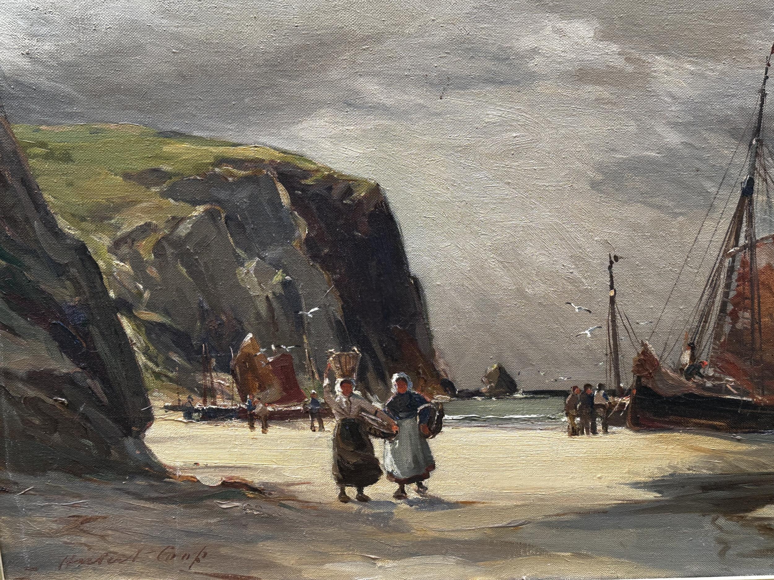 HUBERT COOP (1872-1953, Two oil on canvas, coastal scenes with figures and boats, 70 x 81cm - Image 4 of 4