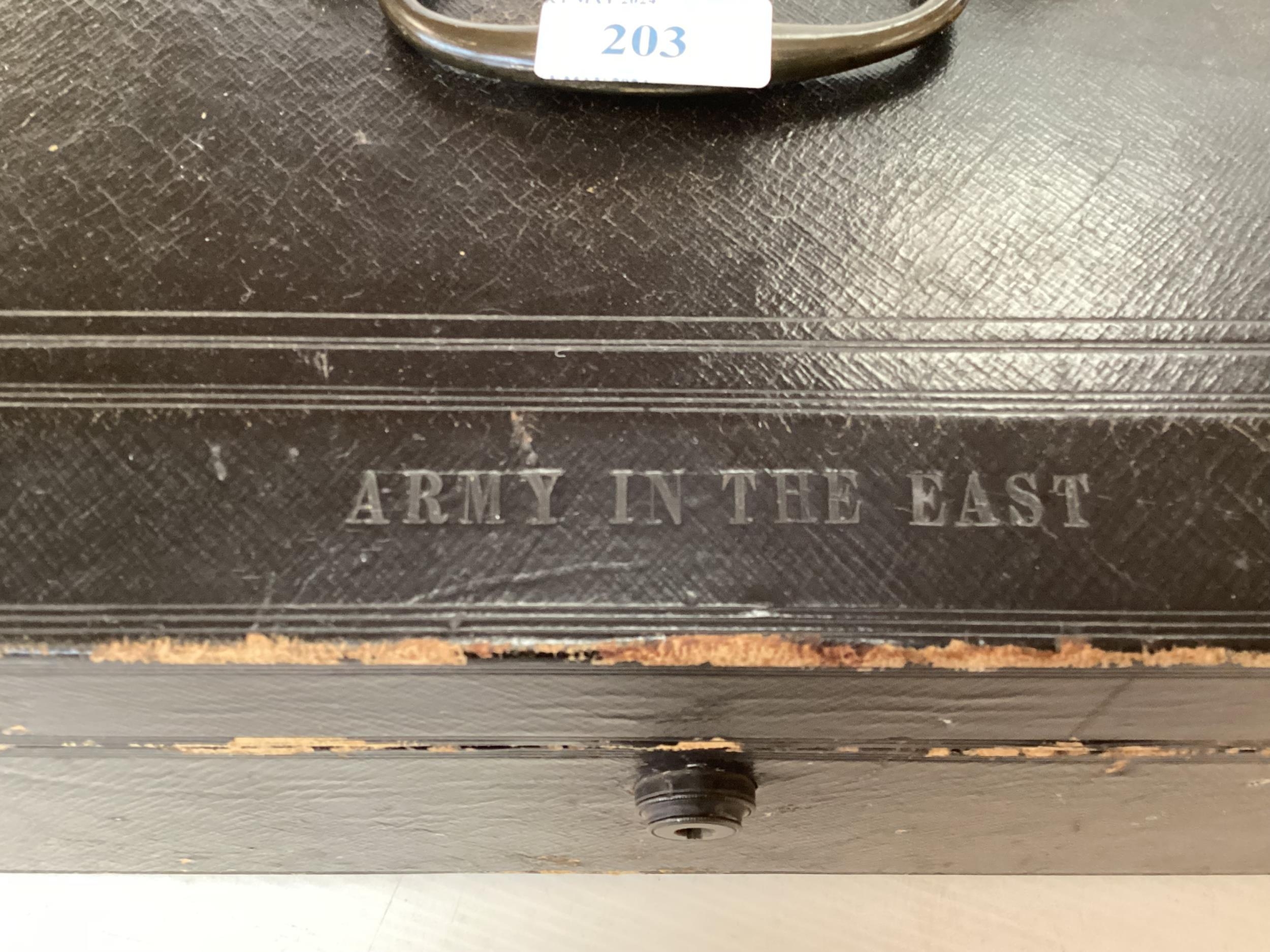 Leather box with brass handle, embossed " Deputy Judge Advocate, ARMY IN THE EAST by Wickwar & Co, - Image 3 of 5