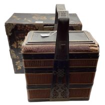 A late C19th Chinese Mother of Pearl, Black Lacquer and gilt marriage cabinet chest , and a woven