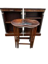 Pair of Mahogany bookcases 90 cm x 61 cm, nest of three kidney topped side tables, pine kneehole