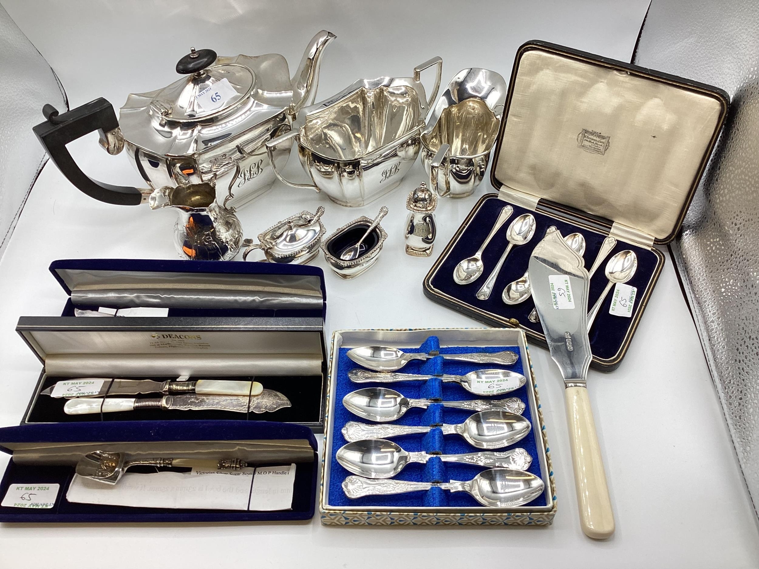 A quantity of hallmarked silver and plated items, to include teapot etc, mustards, spoons fish slice - Image 3 of 10