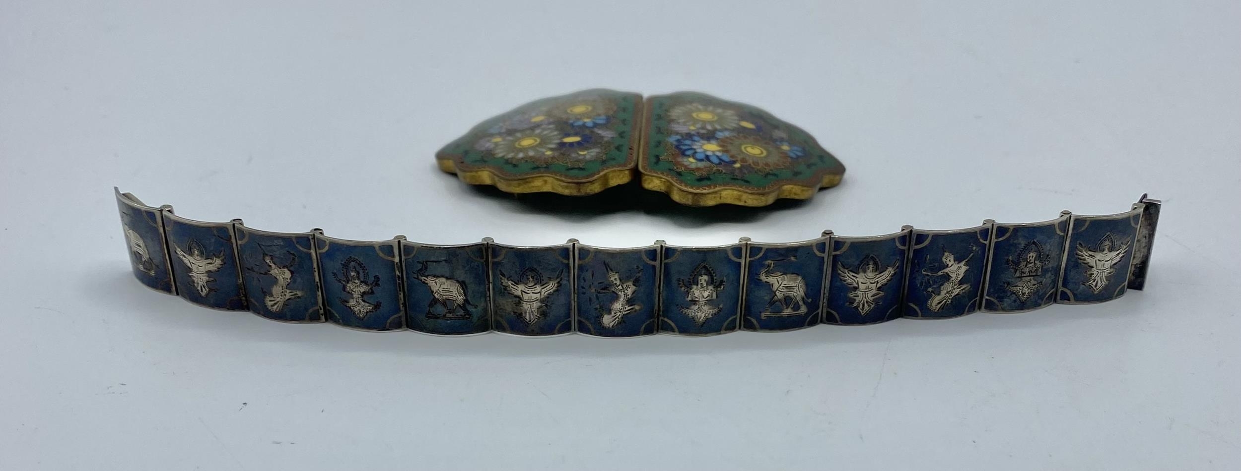 A Japanese Cloisonné belt buckle, Meiji Period together with a Siam silver panel bracelet. - Image 2 of 5