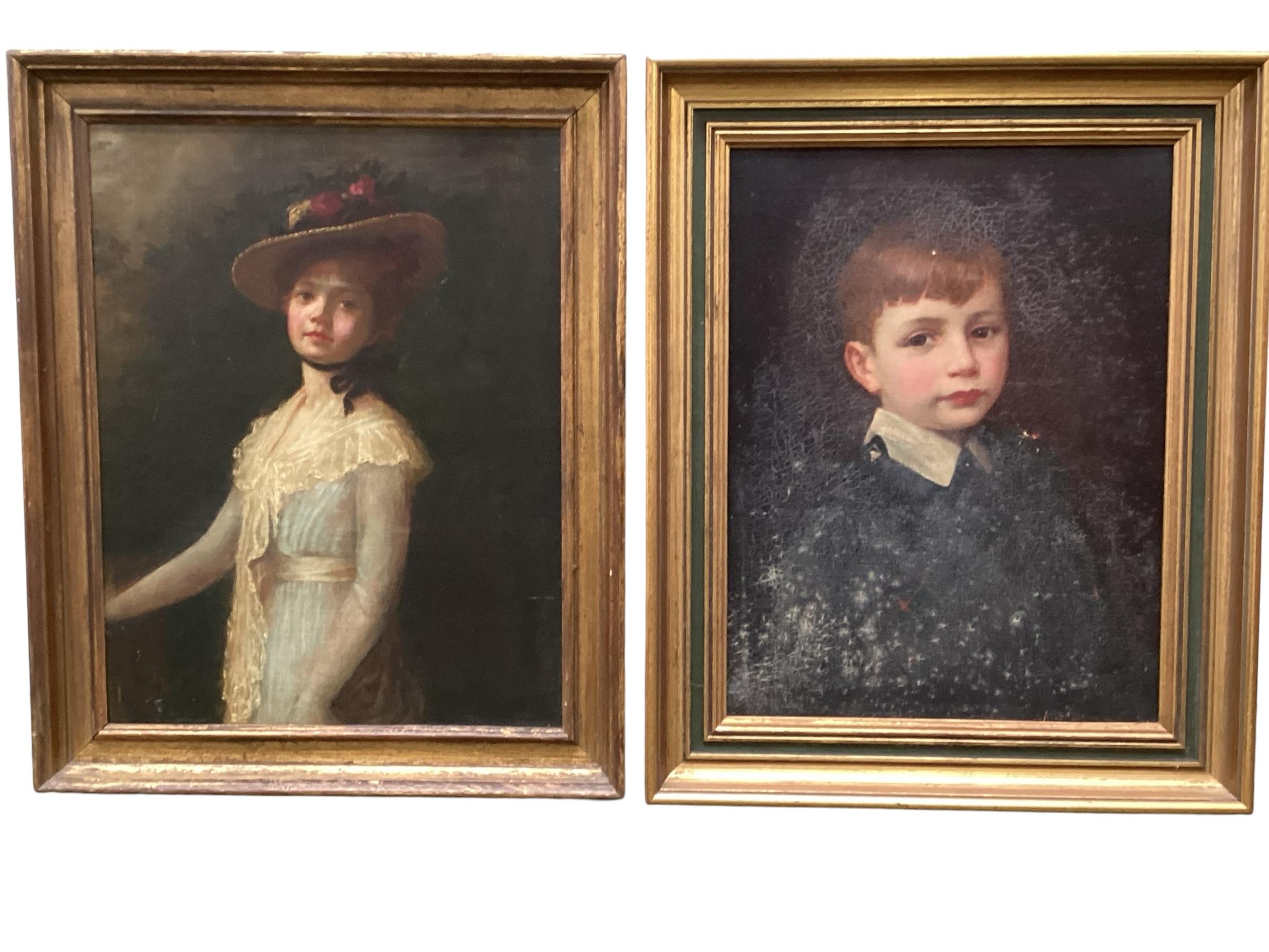 A pair of C20th oil on canvas, Portrait of a girl and boy, in gilt frame, 55 x 42cm, some wear to