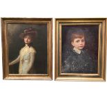 A pair of C20th oil on canvas, Portrait of a girl and boy, in gilt frame, 55 x 42cm, some wear to