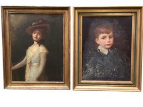 A pair of C20th oil on canvas, Portrait of a girl and boy, in gilt frame, 55 x 42cm, some wear to