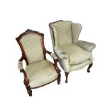 Two green patterned upholstered chairs, some wear to upholstery