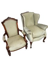 Two green patterned upholstered chairs, some wear to upholstery
