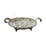 A large modern floral patterned meat platter, and an un-associated metal stand