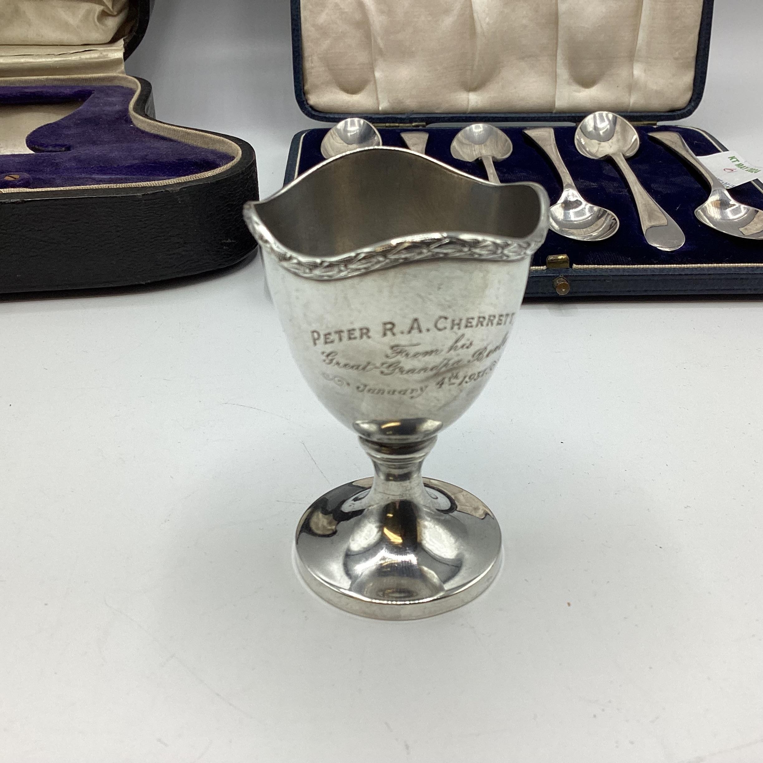 Collection of sterling silver items, teaspoons, egg cups etc, Various dates and makers. - Image 6 of 10