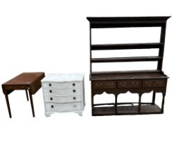 Oak Welsh dresser, drop leaf table, white painted coffee table, and a white painted serpentine chest