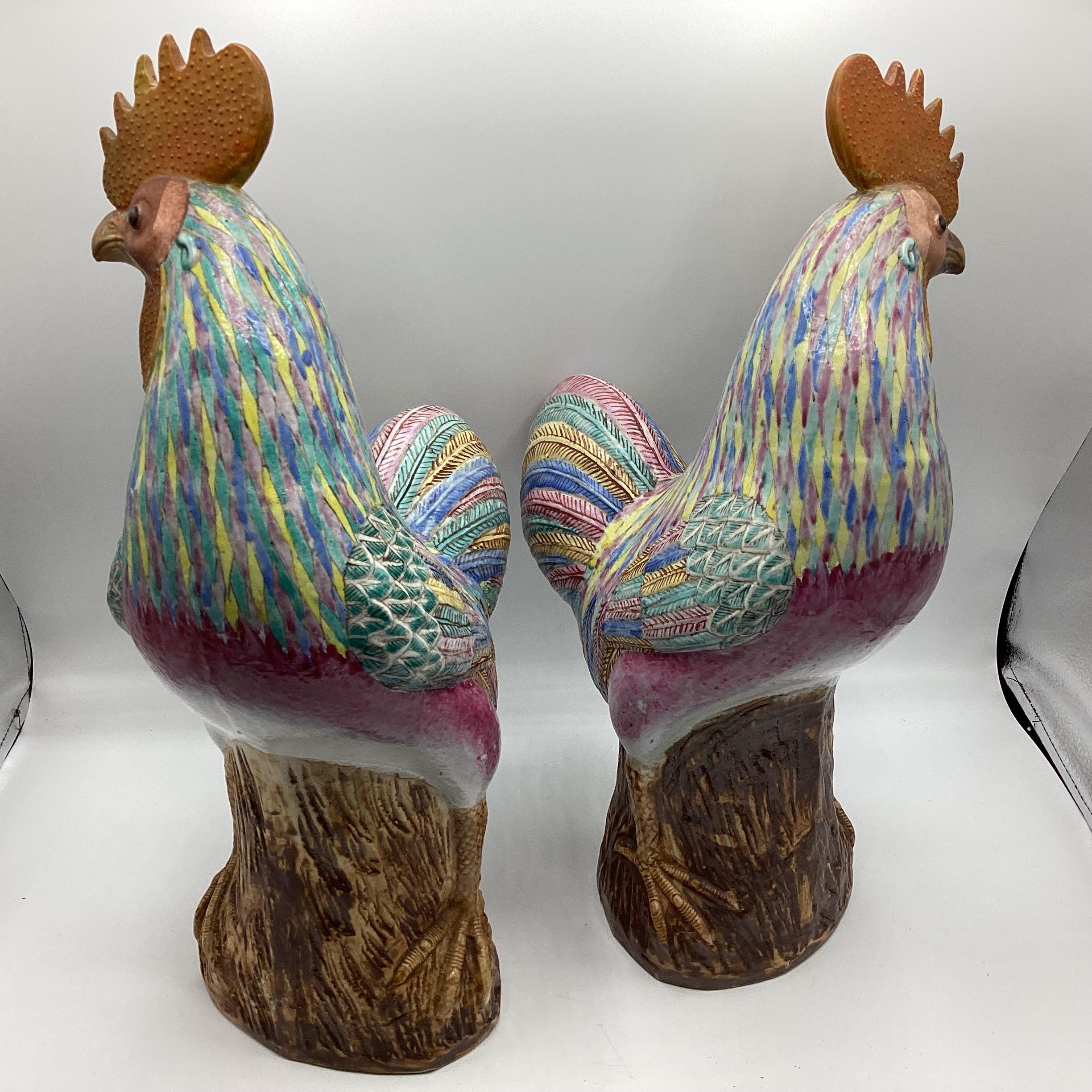 A pair of Oriental porcelain roosters with over glazed enamel feather decoration. Late Ching - Image 5 of 10