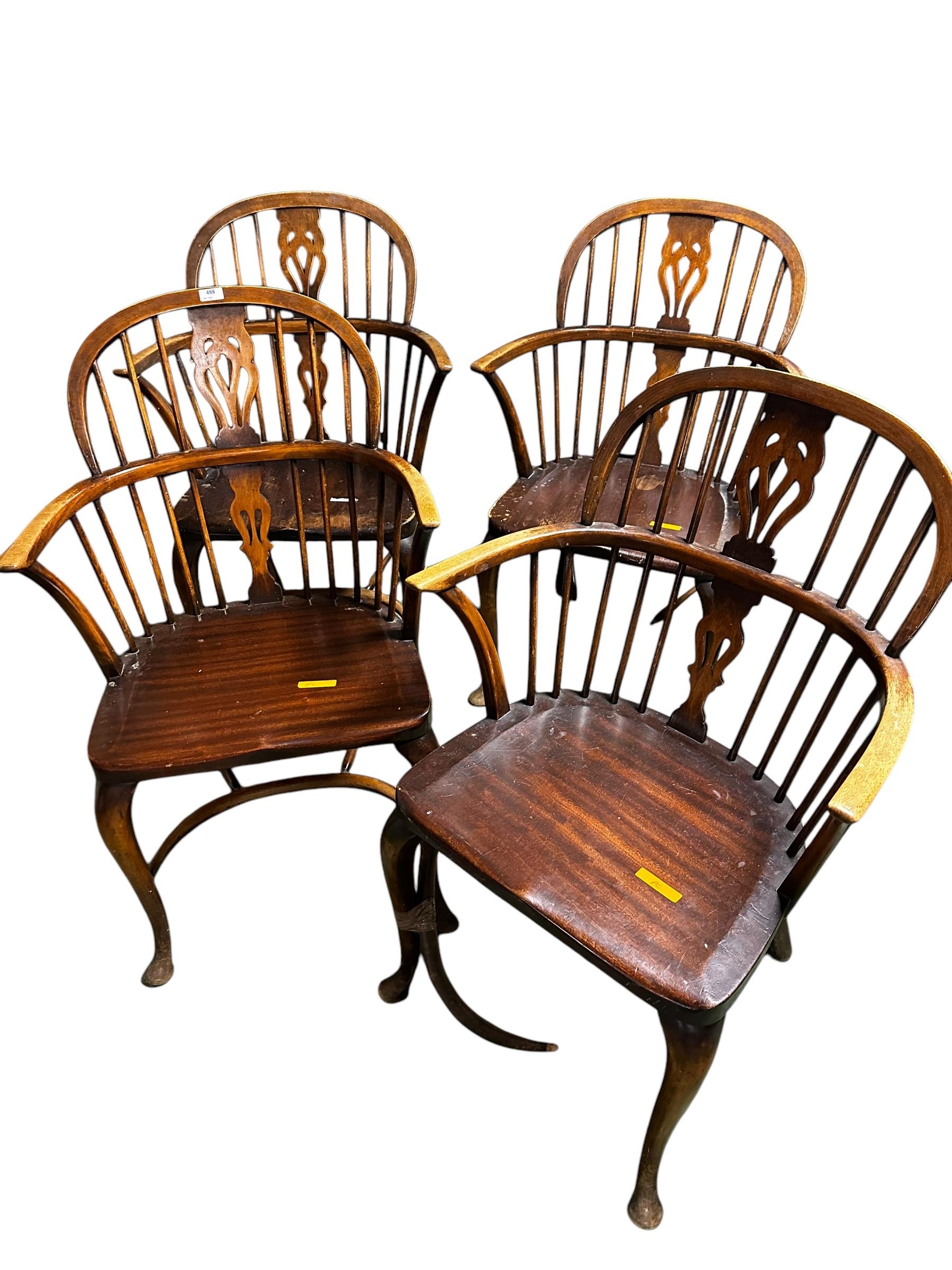 A set of four Windsor stick back arm chairs, with wear, damage and losses and a pine chest of 5 - Image 2 of 3