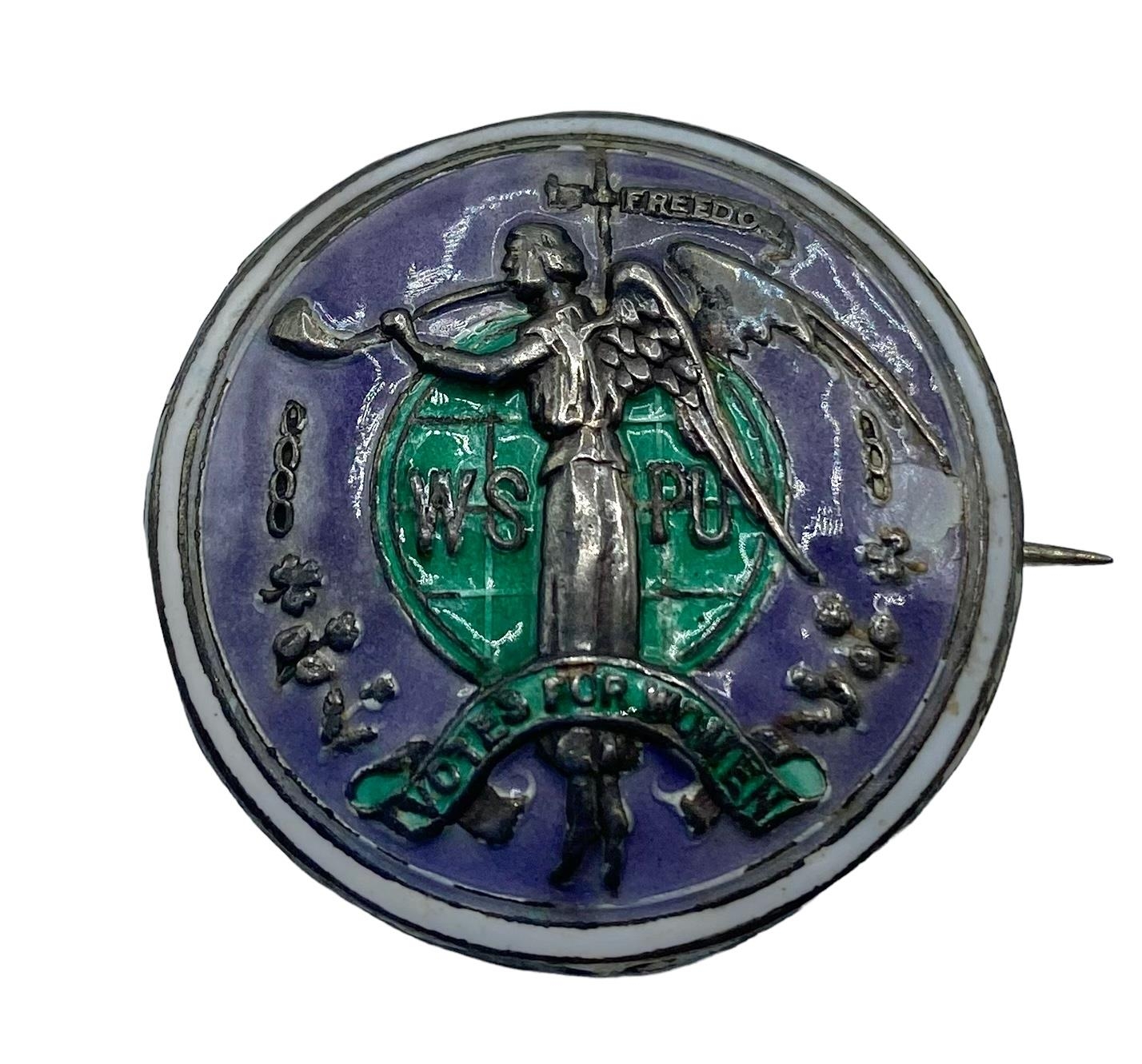 A rare suffragette 'Angel of Freedom' brooch. Circular sterling silver, green and purple enamel - Image 2 of 7