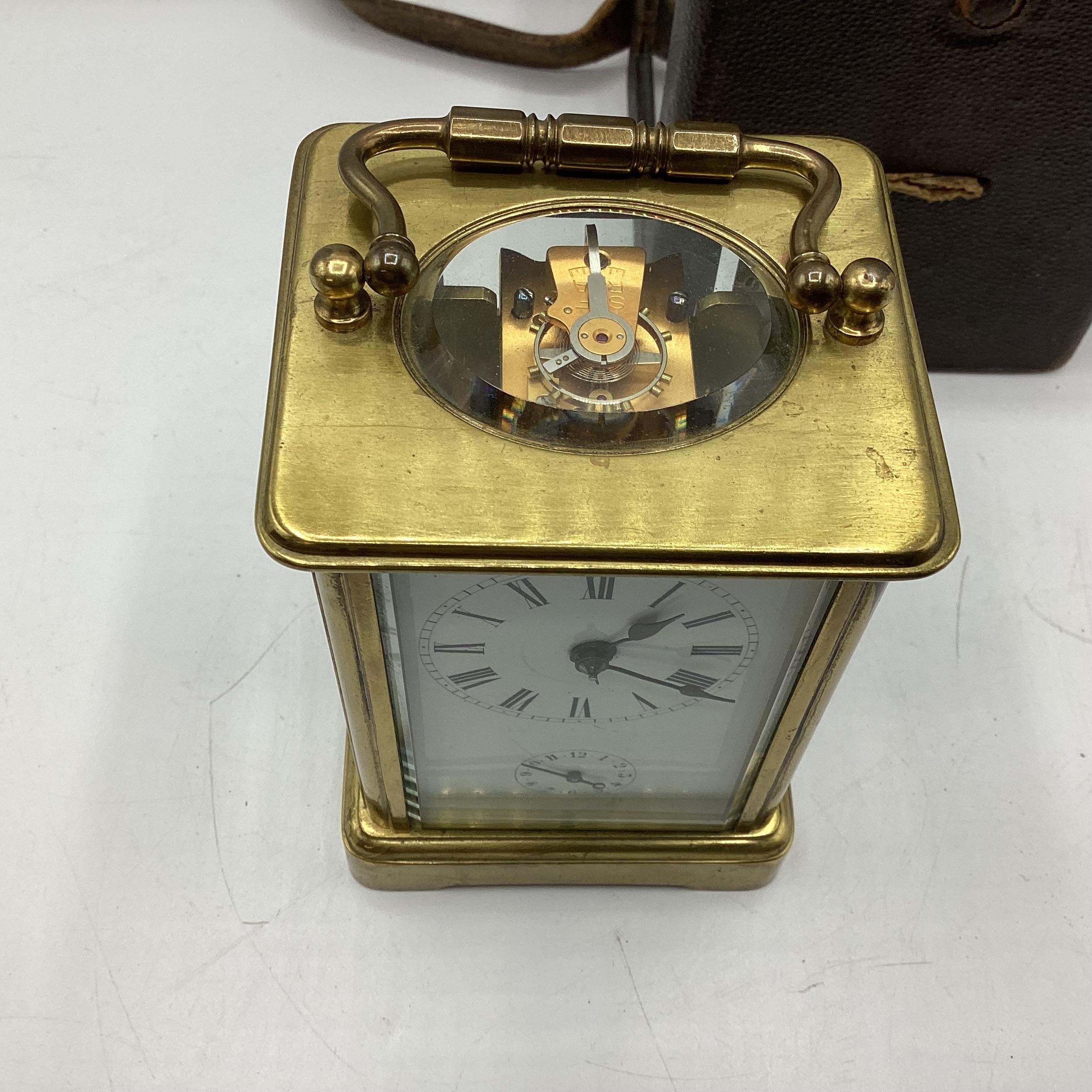 A French gilt brass repeating carriage alarm clock. Movement stamped Aid de le Reveil. In original - Image 8 of 11