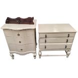 Two rustic cream painted chests: three drawer 77 x 44D x 76cmH; and a narrow bow front chest o f