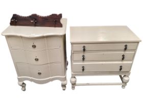 Two rustic cream painted chests: three drawer 77 x 44D x 76cmH; and a narrow bow front chest o f