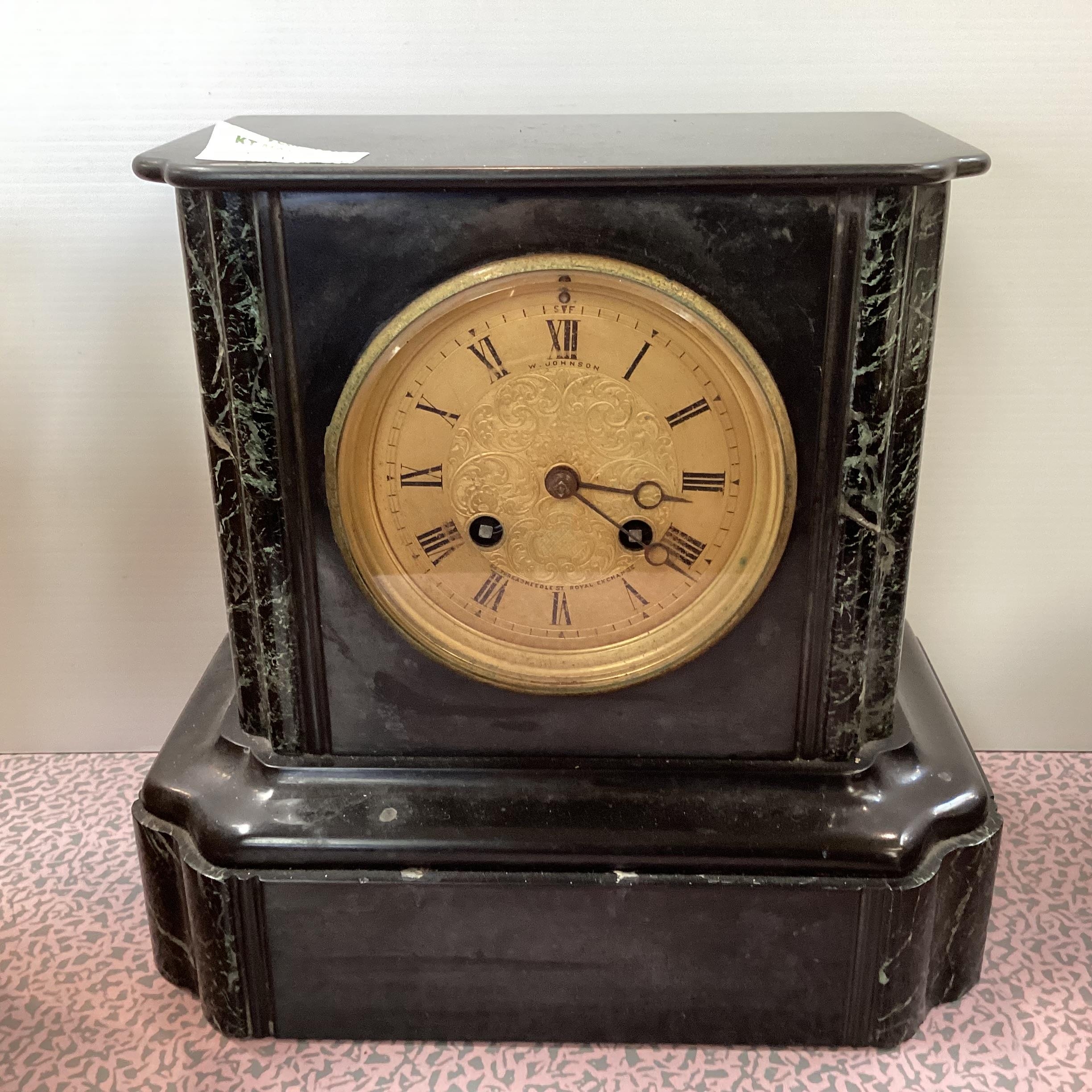 Black late mantel clock; and a clock works movement; and a pamphlet on clock hands, all as found; - Image 6 of 7