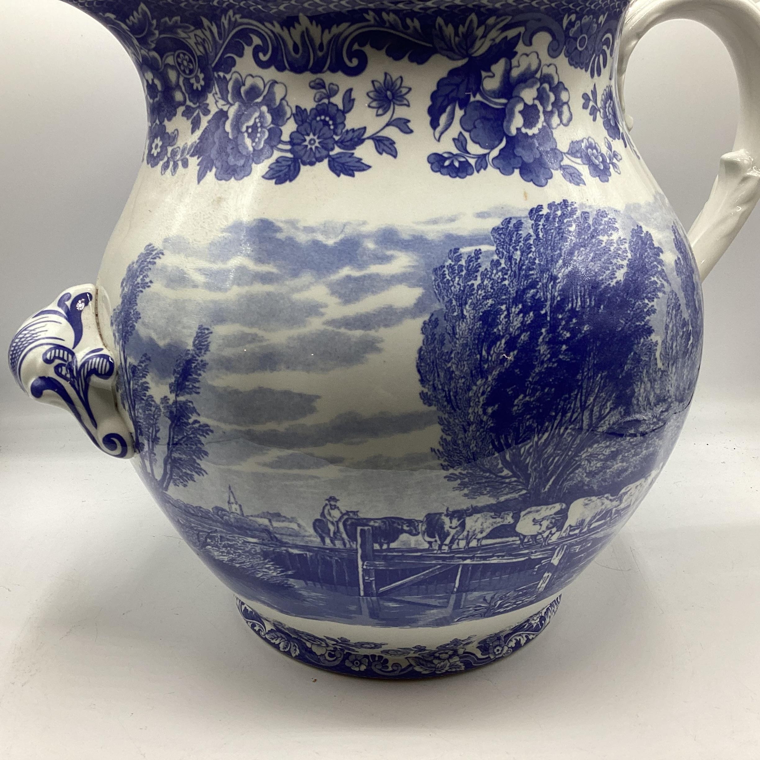 An oversized blue and white Spode jug, marked to base, " The signature collection, "Rural Scenes" - Image 2 of 6