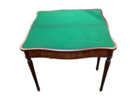 A late C19th mahogany fold over card table, with good green baize to interior, and a small
