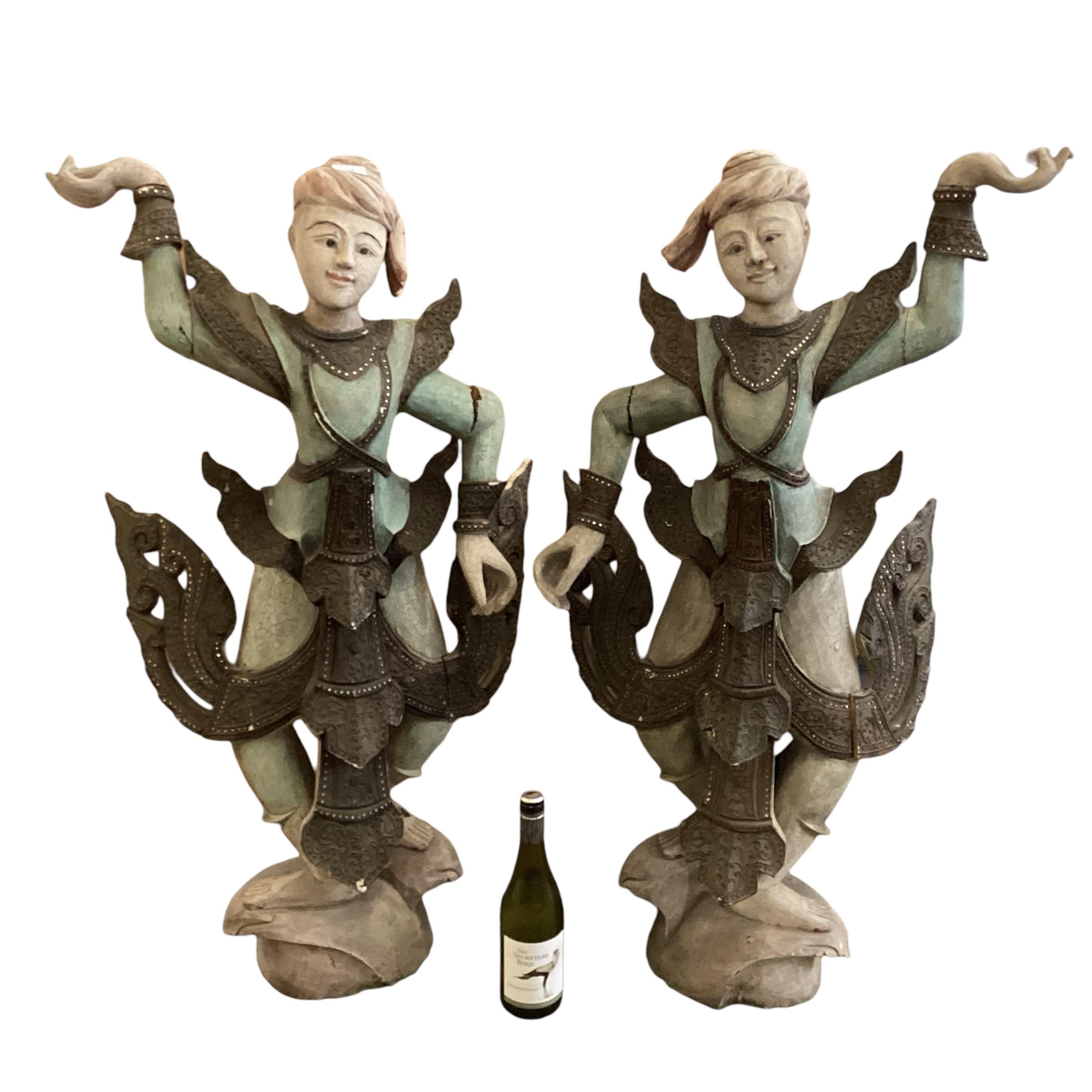 A pair of carved wooden Thai Siamese dancing angels. 105 cm H. Condition, cracks and splits see - Image 9 of 9