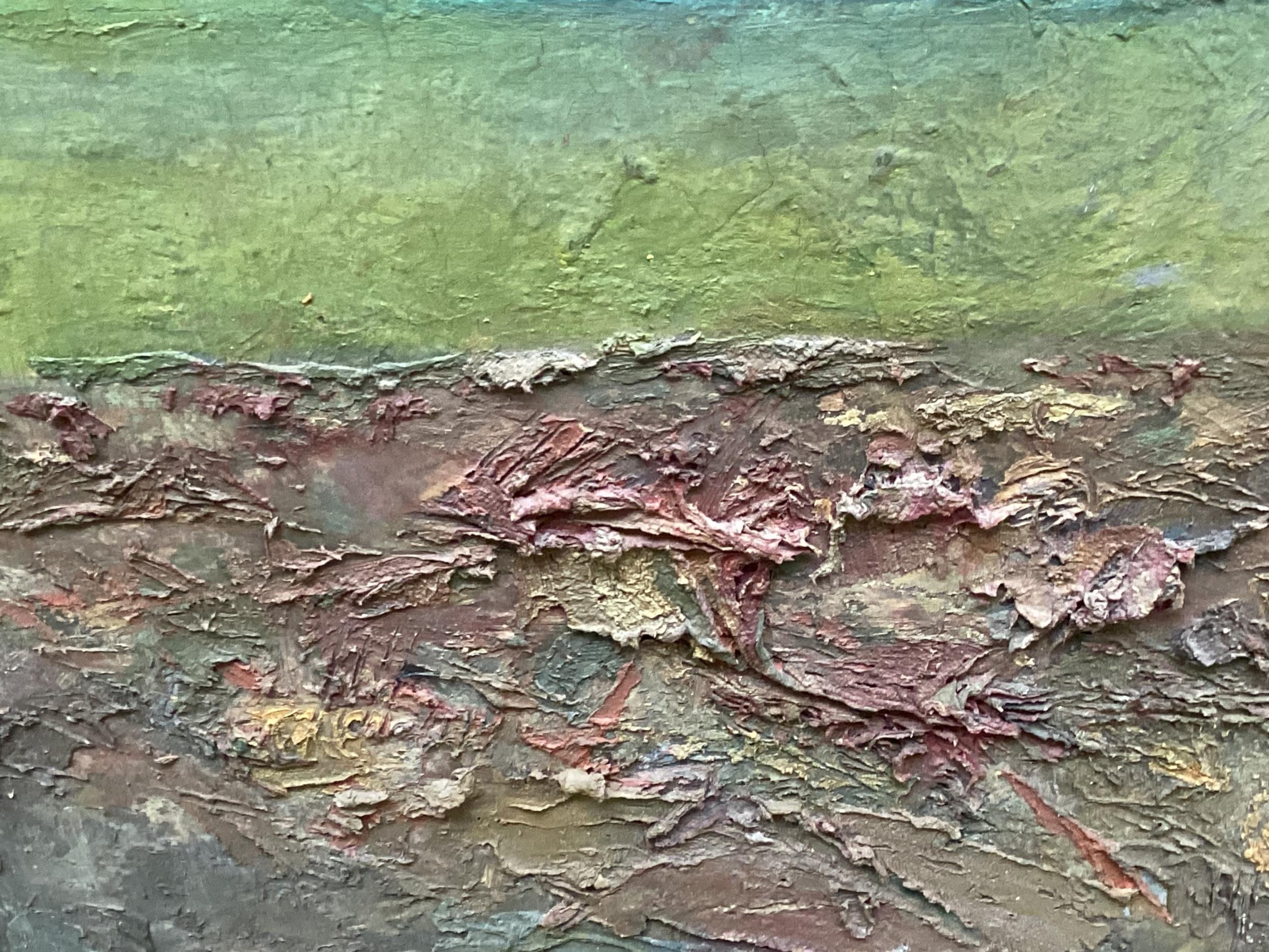 Abstract oil on canvas, Phillip Bird, Towards Garsden Lane Ipsden, ?indistinct. 50.5cm x 76cm - Image 4 of 6