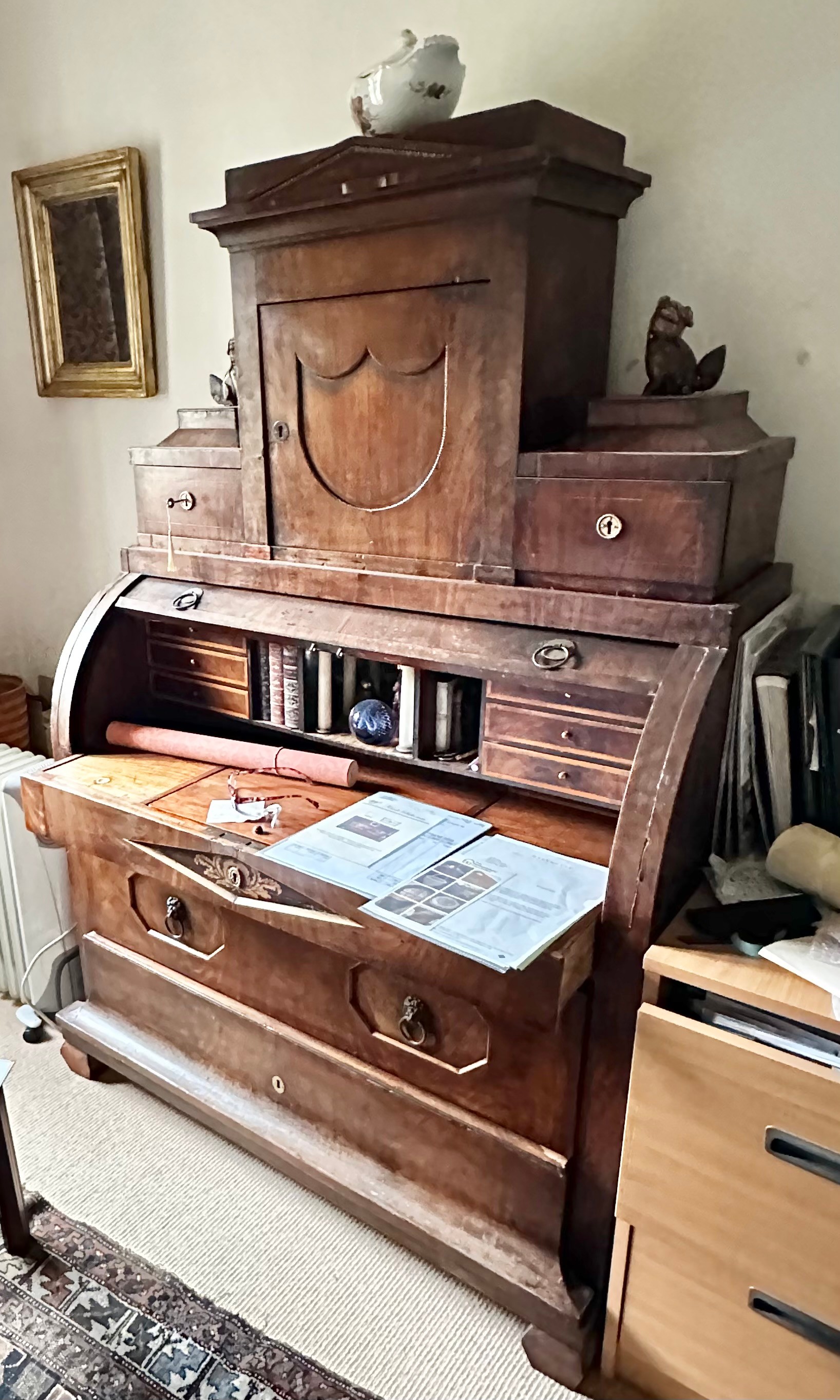 C19th Danish Mahogany Cylinder Desk, with wear; 116cm Wide x 170cm H x 64cm D