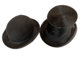 A Top hat, Gieves Ltd, 21 Old Bond Street and a bowler hat Simpsons of Picadilly, some wear to both