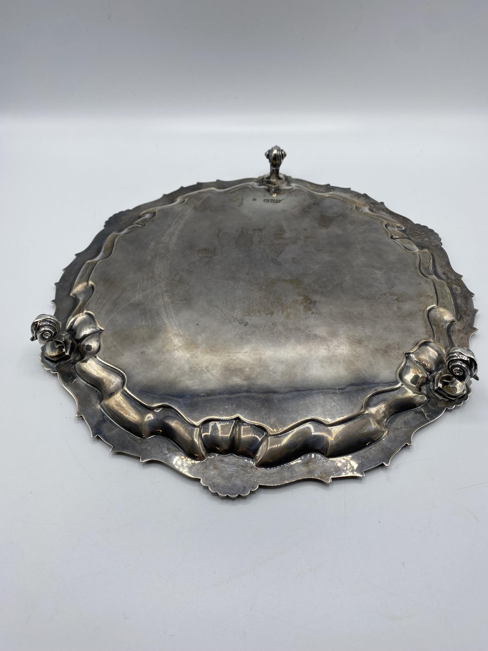 A sterling silver circular tray with central armorial 'Semper Fidelis' (always Loyal). Cast border - Image 2 of 3