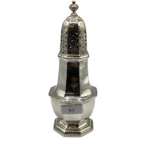 A sterling silver dome topped sugar sifter by Thomas Bradberry and Sons, London 1905, 22 cm H, 269 g
