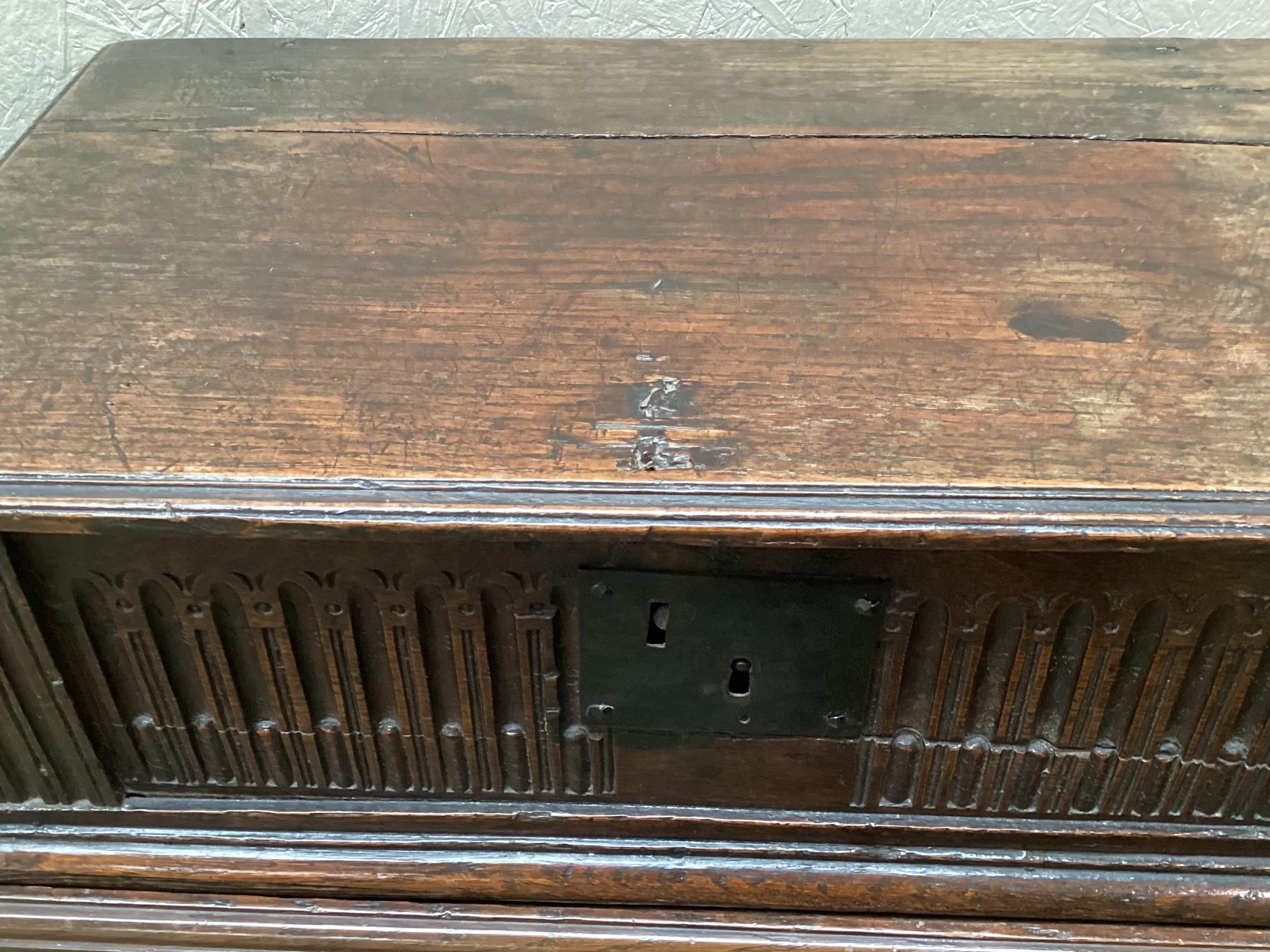 An antique Oak Bible box on stand 84 cm H x 68cmW; and another smaller sloping lid oak bible box, 30 - Image 3 of 7