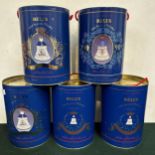 Five 75cl bottle of Royal Decanter Bells Old Scotch Whiskey all in commemorative tins.
