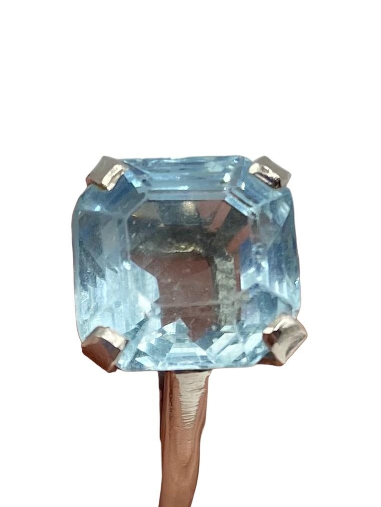 Cartier. Aquamarine and platinum dress ring. Single asscher cut aquamarine, to a four claw - Image 7 of 7