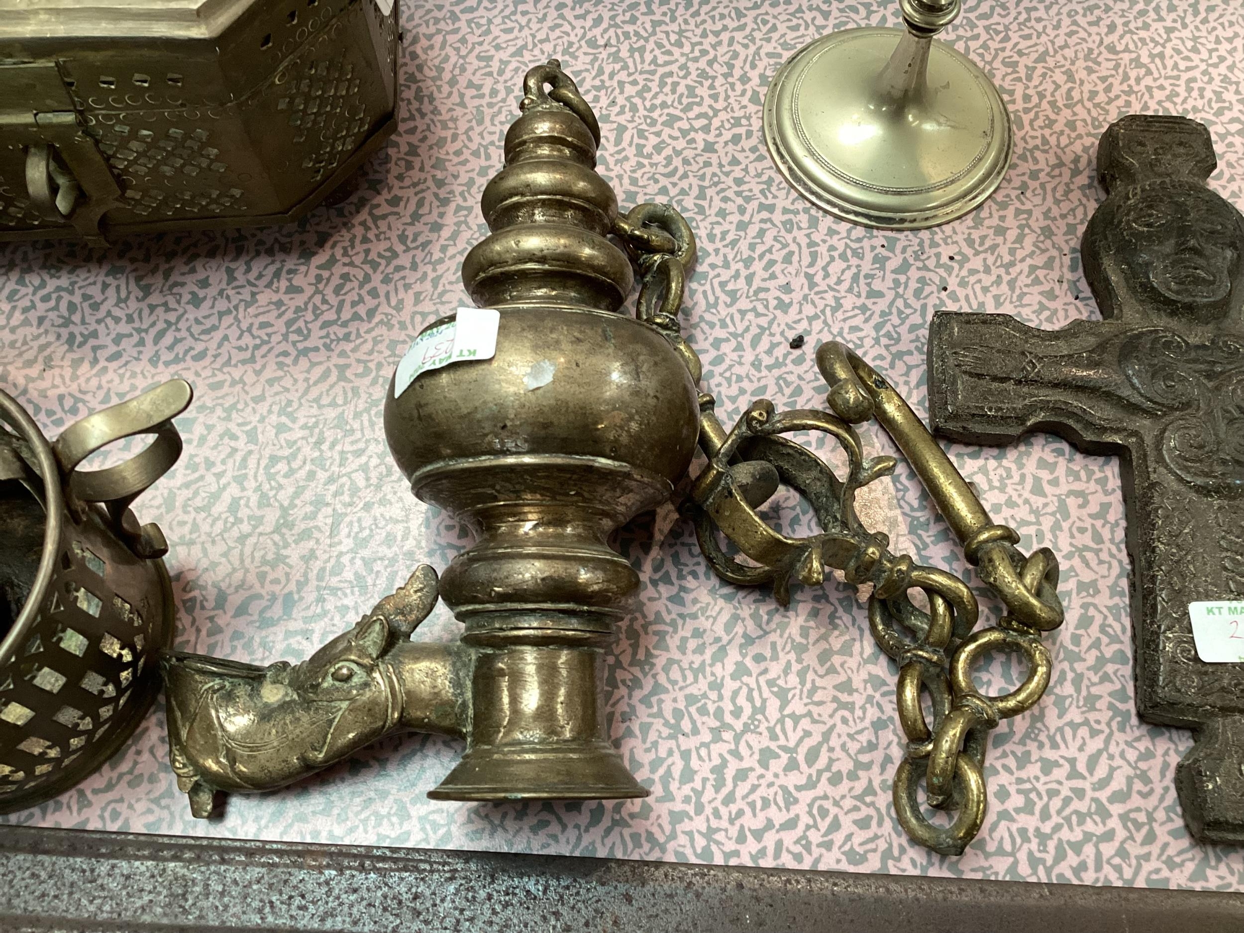 A quantity of metal wares to include a sword, a pierced casket, crucifix etc, see all images, Fawley - Image 4 of 8