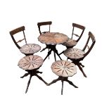 A set of 3 oak scalloped edge pedestal bistro tables and matching chairs