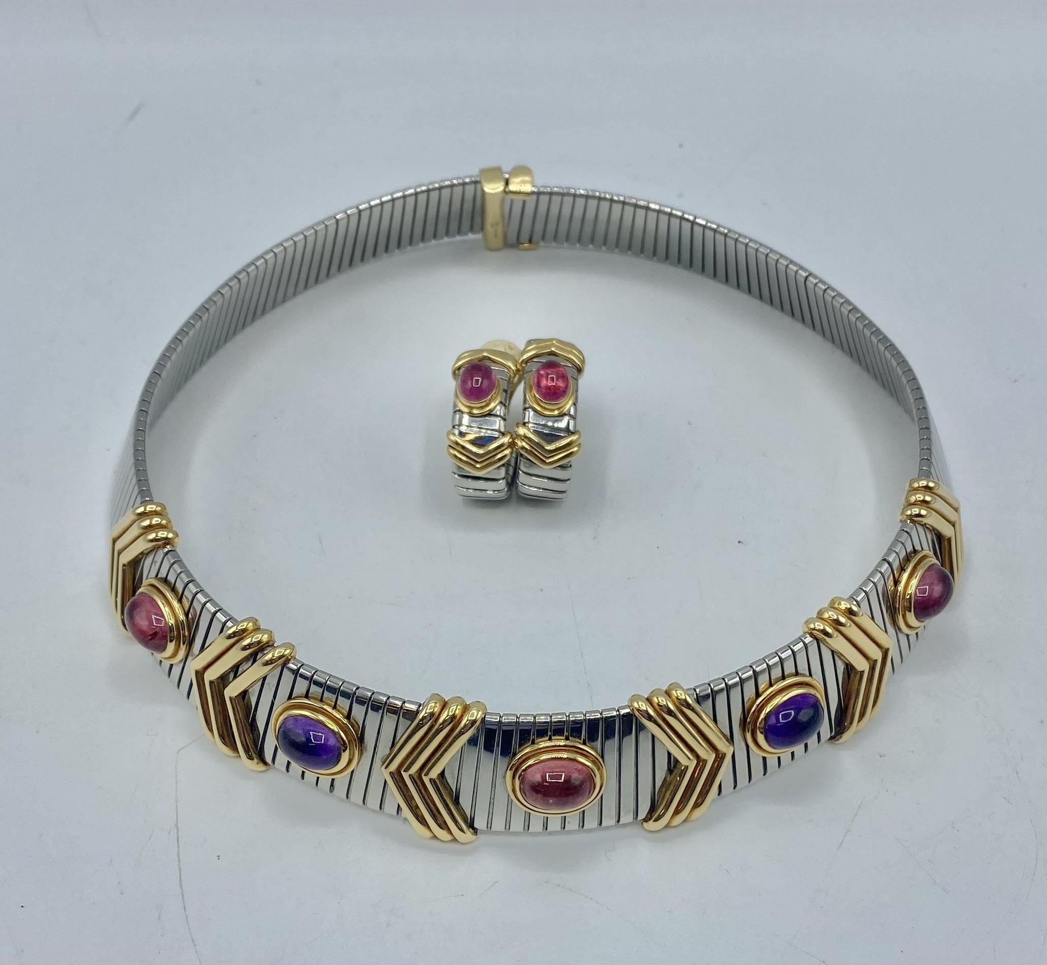 BULGARI. An 18ct gold and stainless steel gem set Tubogas collar necklace with matching ear clips.