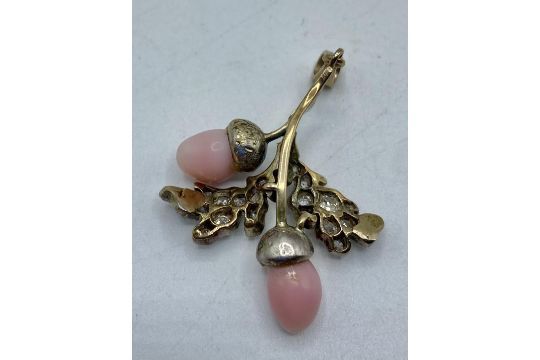 A Conch pearl and diamond oak leaf design pendant in an unmarked yellow and white metal mount. - Image 2 of 2