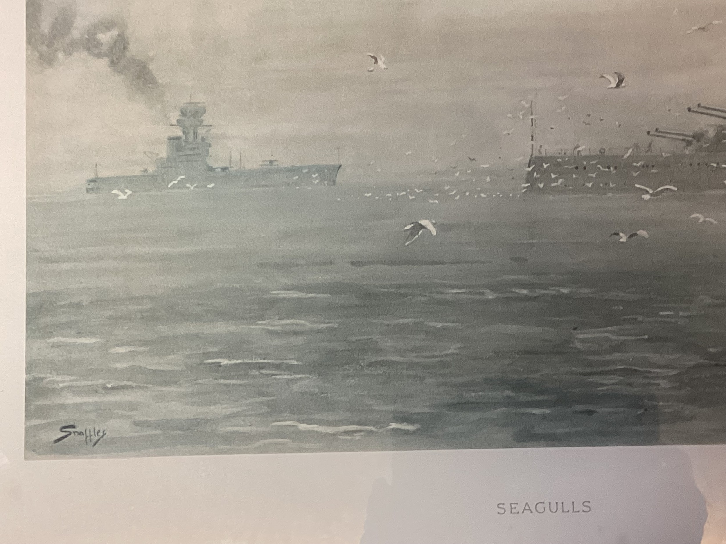 Snaffles print, Seagulls, 37 x 54cm, framed and glazed and with blue mount