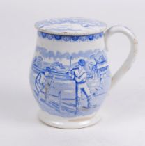 Staffordshire shaving mug. Victorian Staffordshire shaving mug and ceramic cover (lid) with strap