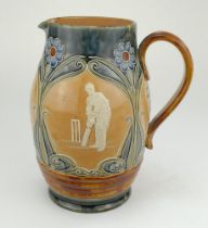 Doulton Lambeth stoneware jug, of ovoid form, moulded with relief vignettes of cricketers, a