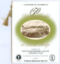 Nottinghamshire C.C.C. ‘150 Years of Cricket at Trent Bridge’ 1988. Official menu with cord tie