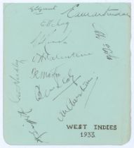 West Indies tour of England 1933. Album page signed by eleven members of the touring party.