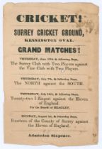 ‘Cricket! Surrey Cricket Ground, Kennington Oval’ 1853. Early original advertising handbill for ‘