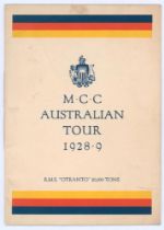 M.C.C. tour of Australia 1928/29. Official ‘Orient Line, R.M.S. Otranto’ souvenir brochure for